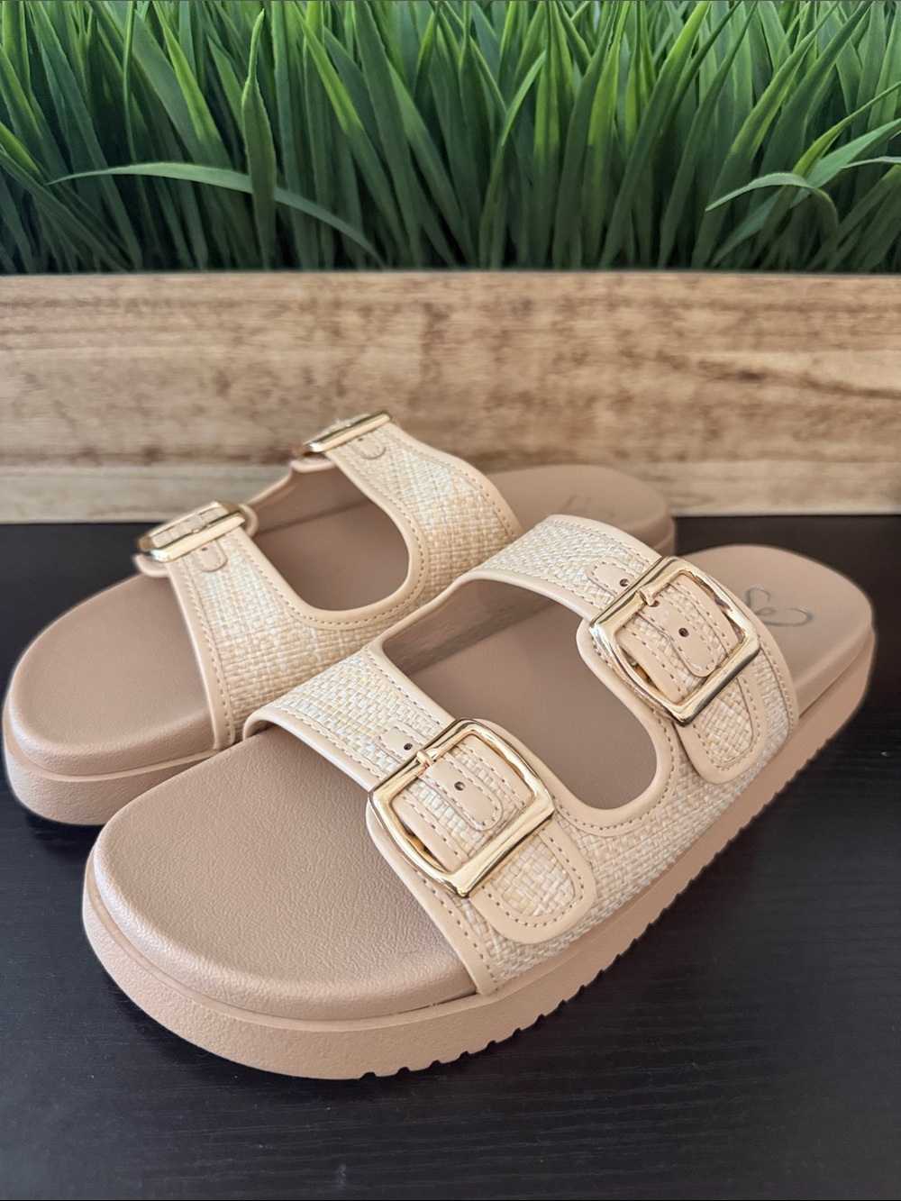 Beige Double Strap Buckle Slide Sandals